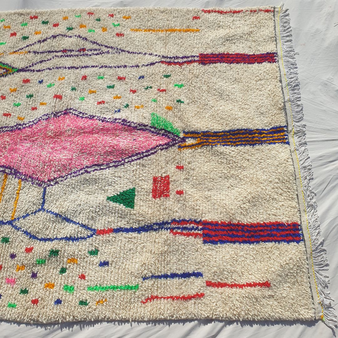 Kafani - Tapis Marocain 200x300 - Tapis Berbère Azilal Blanc Confetti Rose Losange Fait Main en Laine | 195×282 cm
