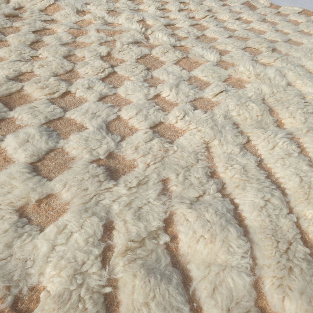 Tatalna - Textured Ivory Beni Ourain Rug with Diagonal Flutes and Checkerboard Relief - Handwoven Berber Carpet | 6'5"x10'2" Ft | 197x310 cm