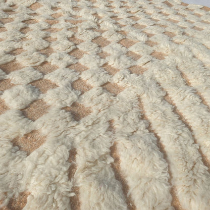 Tatalna - Textured Ivory Beni Ourain Rug with Diagonal Flutes and Checkerboard Relief - Handwoven Berber Carpet | 6'5"x10'2" Ft | 197x310 cm
