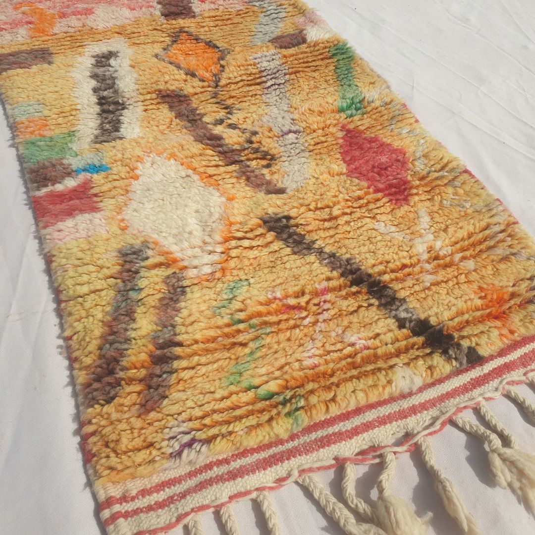 Tayrya - Slim Red and Mustard Moroccan Runner Rug with Scattered Symbols and Colourful Marks - Handwoven Berber Carpet | 2'2"x10'6" Ft | 68x322 cm