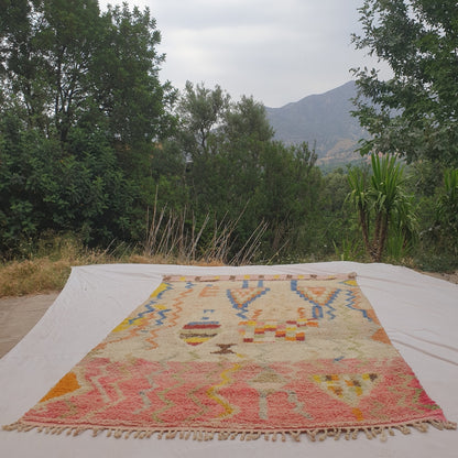 Mafna - Tapis Marocain Corail & Ivoire avec Motif Zigzag Bleu - Tapis Berbere Tisse Main | 192x307 cm