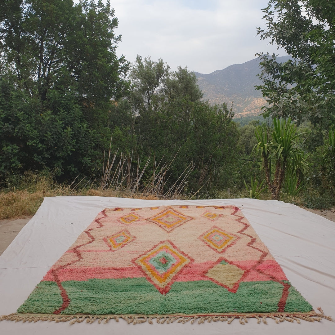 Kasma - Pink & Green Moroccan Rug with Bold Colorblock Diamond Design - Handwoven Berber Carpet | 6'4"x9'7" Ft | 194x293 cm