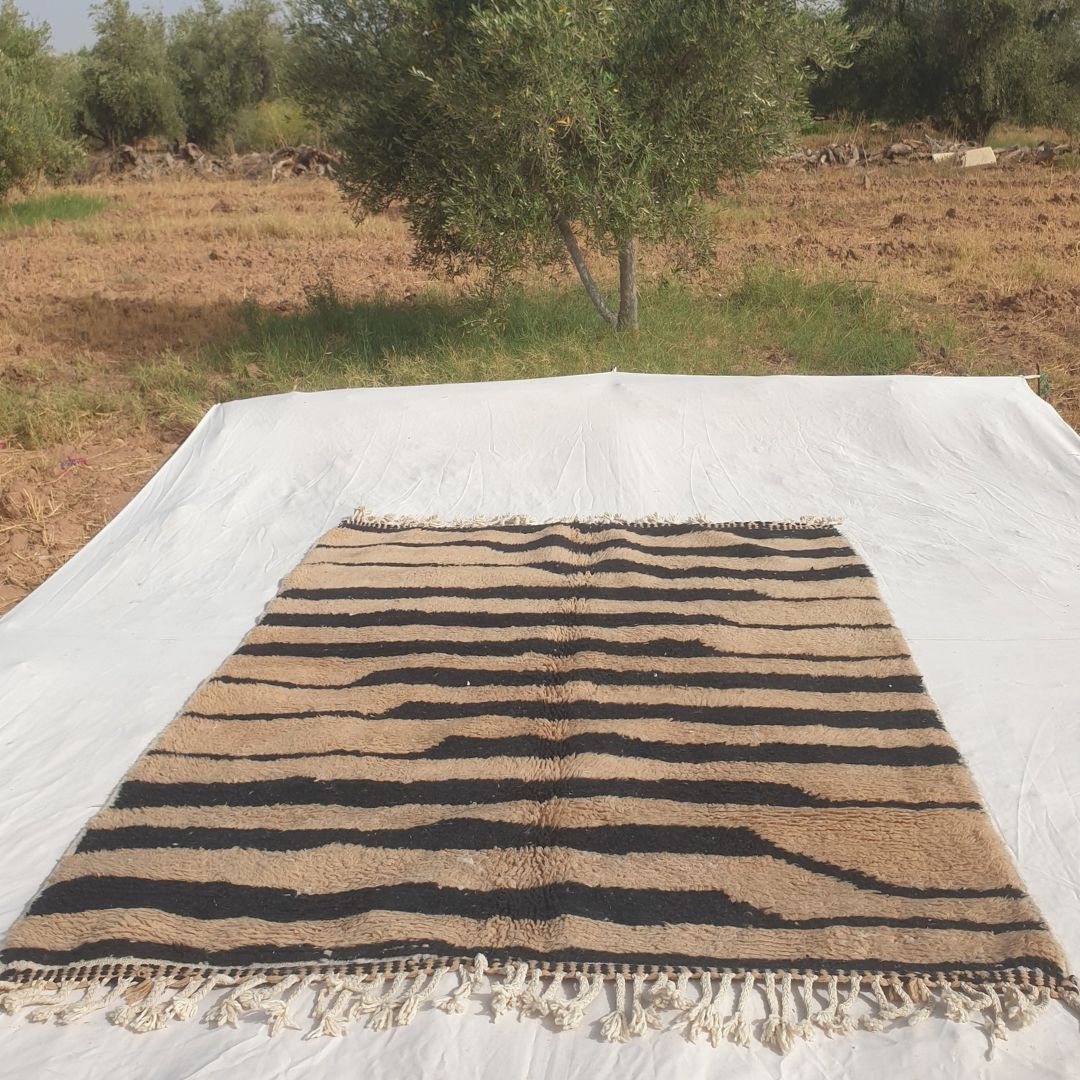Bolka - 6x8 Bold Striped Beni Ourain Rug in Black and Tan - Handwoven Berber Carpet | 6'2"x8' Ft | 190x242 cm