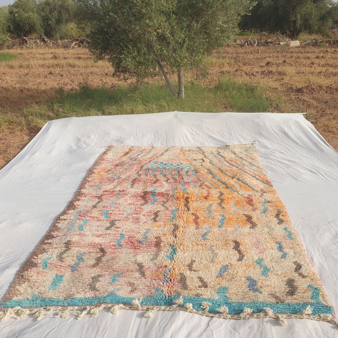 Yajina - Pink & Teal Moroccan Boujad Rug with Camel Motif and Zigzag Pattern - Handwoven Berber Carpet | 6'1"x10' Ft | 186x306 cm