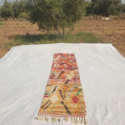 Tayrya - Slim Red and Mustard Moroccan Runner Rug with Scattered Symbols and Colourful Marks - Handwoven Berber Carpet | 2'2"x10'6" Ft | 68x322 cm