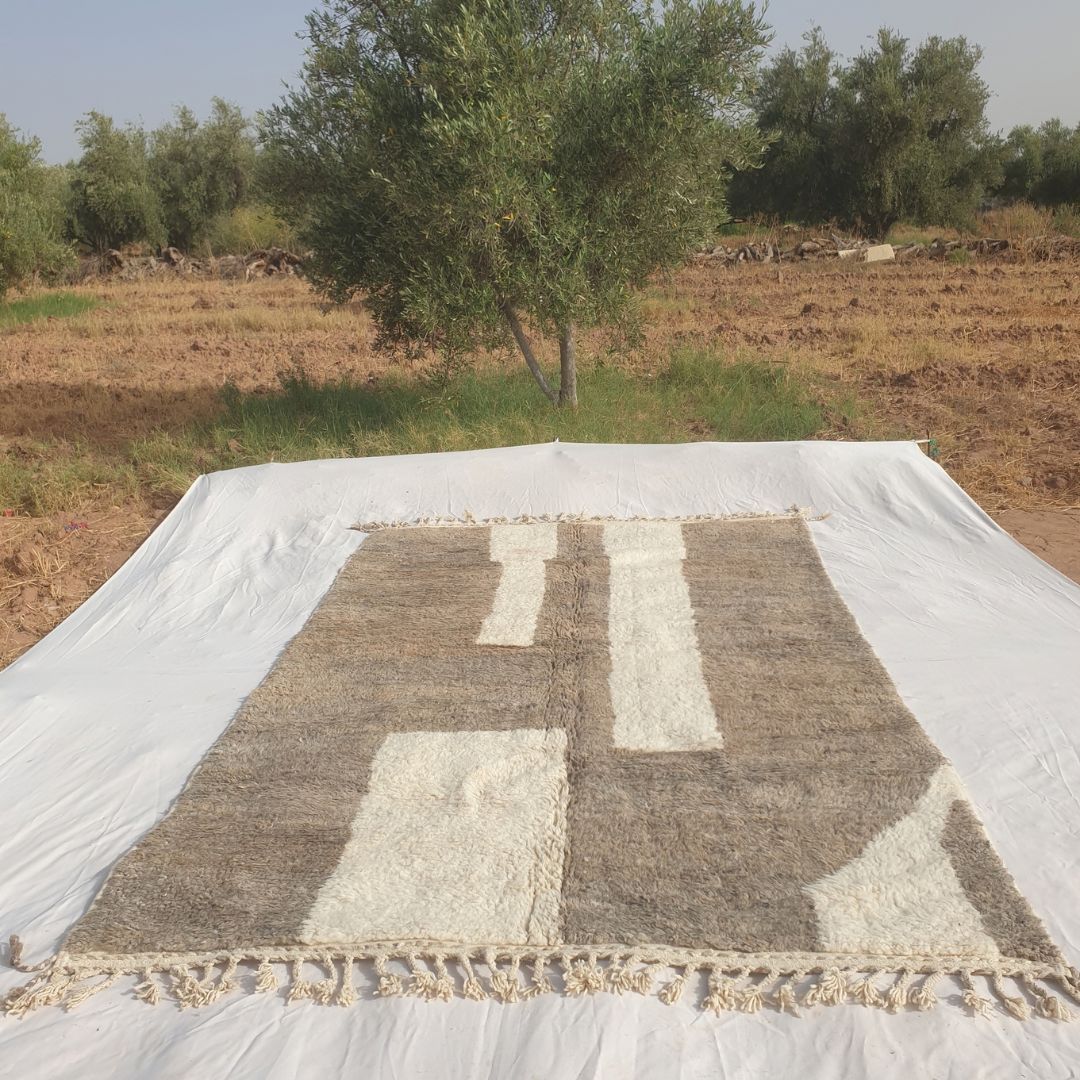 Farali - Beni Ourain Rug with Taupe Field and Scattered Ivory Mosaic Block Shapes - Handwoven Berber Carpet | 6'7"x10'7" Ft | 201x324 cm