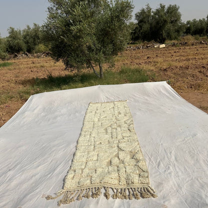 Afonia - Wide Ivory Beni Ourain Runner Rug with Textured Tone-on-Tone Mosaic - Handwoven Berber Carpet | 2'11"x10'4" Ft | 89x317 cm