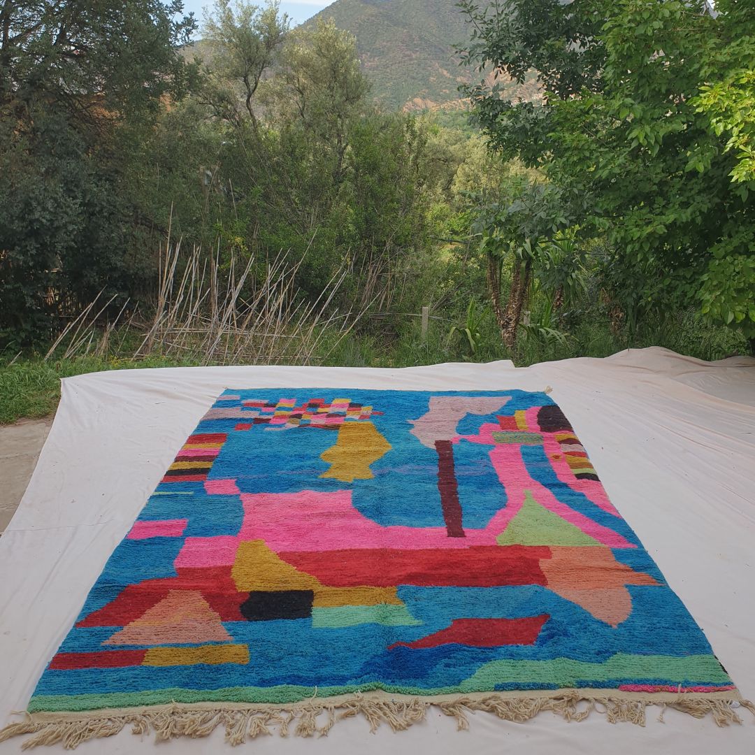 Fincla - 8x11 Moroccan Rug - Electric Blue Multicolor Boujad Berber Handwoven Wool Carpet | 8'5"×11'9" Ft | 257×360 cm