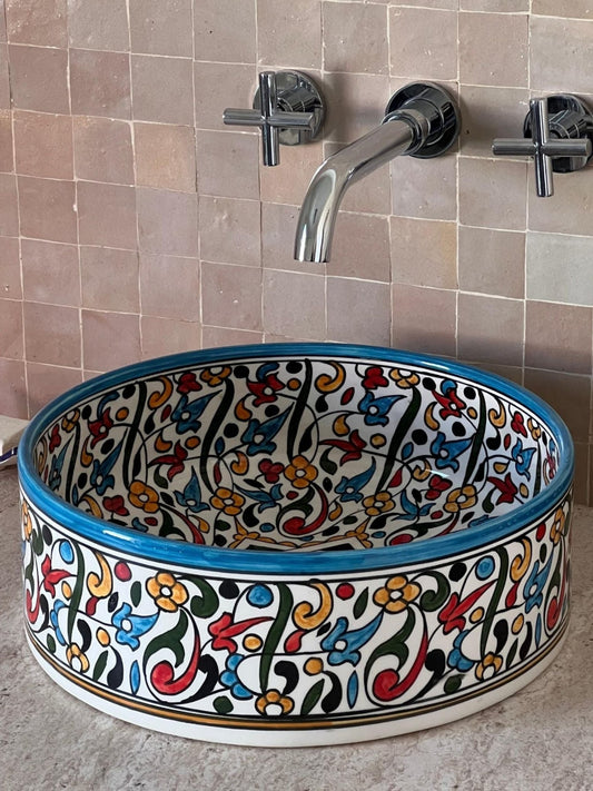 Agadir - Handmade Moroccan Ceramic Sink – Colorful Floral Bathroom Vessel Sink - (ESEN) - OunizZ
