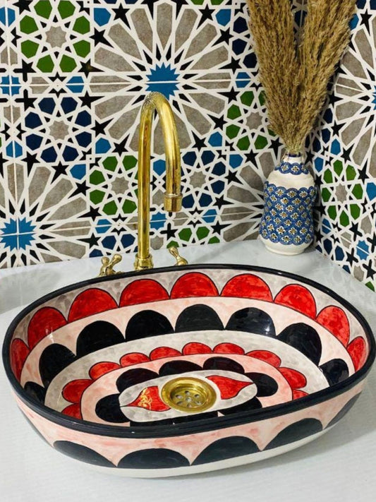 Amsterdam - Handmade Moroccan Oval Ceramic Sink – Red, Black, and White Top Counter Vessel Sink - (ETFS) - OunizZ