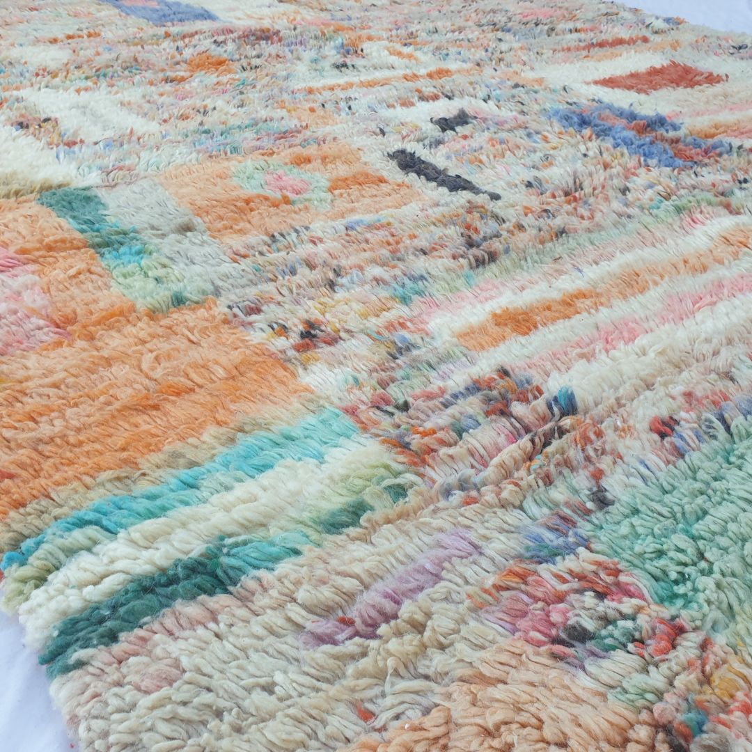 Vibrant abstract color blocks on handwoven Boujad Moroccan rug, playful wool texture