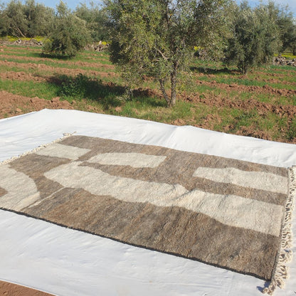 Bagina | 7x10 Beni Ourain Moroccan Rug - Soft Ivory Plush Shag with Brown Geometric Blocks Wool Berber Carpet | 7'5"x10'3" Ft | 226x312 cm - OunizZ