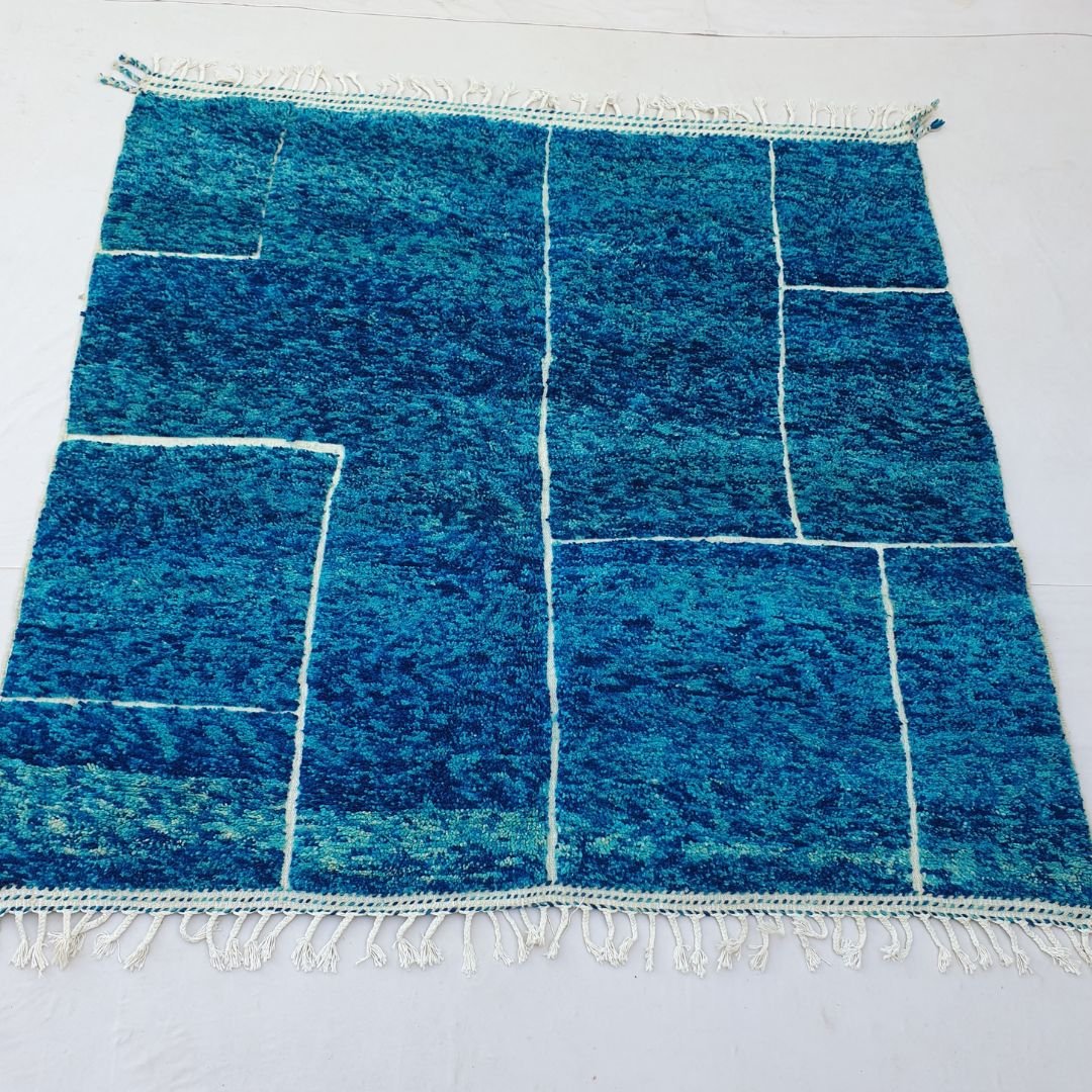 Bahira | Squared Blue Moroccan Rug 8x8 Soft Beni Ourain | Handmade Berber Wool Carpet | 8'x8' Ft | 242x245 cm - OunizZ