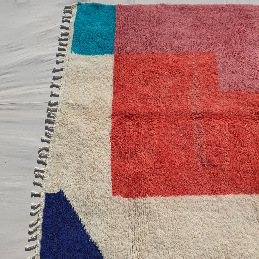 Balkia | Moroccan Beni rug 7x9 Ultra Soft | Blue Red Pink Beni Ouarain | 9'32x7'28 Ft | 284x222 cm - OunizZ