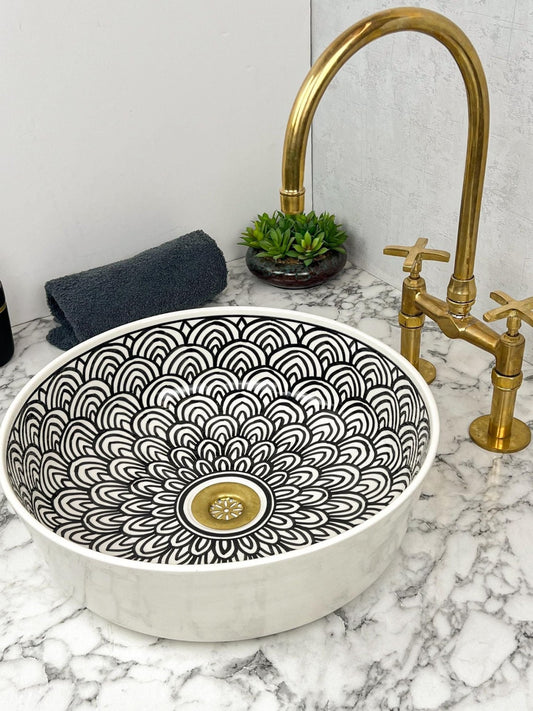 Barcelona - Handmade Moroccan Round Ceramic Sink – Black Feather Pattern Top Counter Vessel Sink - (ETMMT) - OunizZ