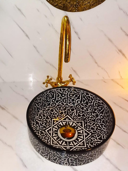 Birjdid - Black Handcrafted Round Bathroom Sink – Elegant, Customizable, and Lead - Free - (ETAFS) - OunizZ