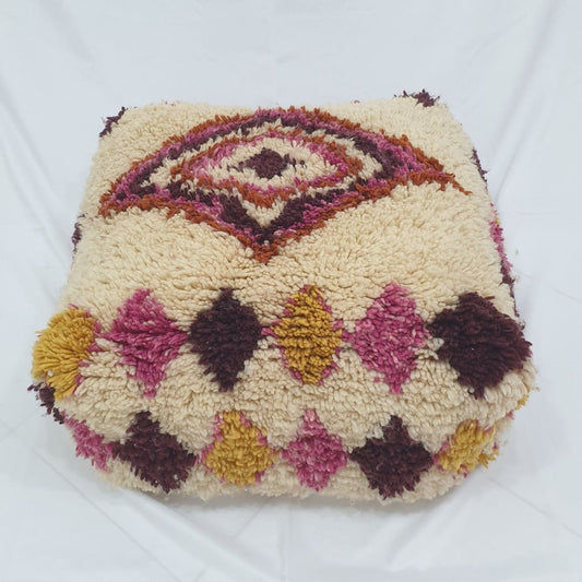 Bold Handwoven Beni Ourain Pouf – Pink Maroon Geometric Floor Cushion 24x24x8 inch | 60x60x20 cm - OunizZ