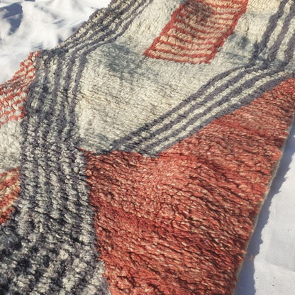 Canza | Handmade Beni Mrirt Runner Rug 2x12 ft – Plush Terracotta Orange Abstract Striped Moroccan Wool Hallway Runner | 2'6"x12'3" Ft | 77x373 cm - OunizZ