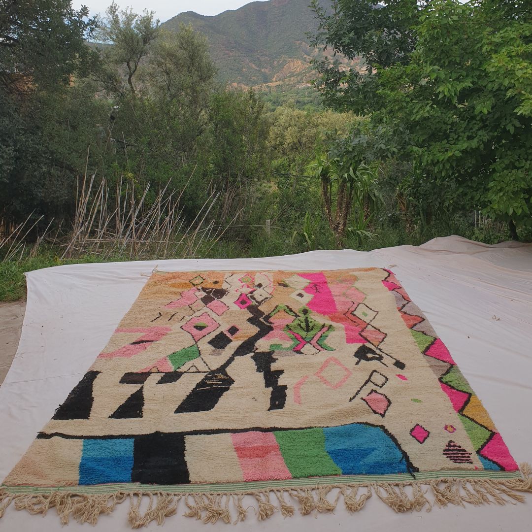 Chacla - 8x12 Moroccan Rug - Cream Pink Green Boujad Berber Handwoven Wool Carpet | 8'6"×11'9" Ft | 259×359 cm - OunizZ