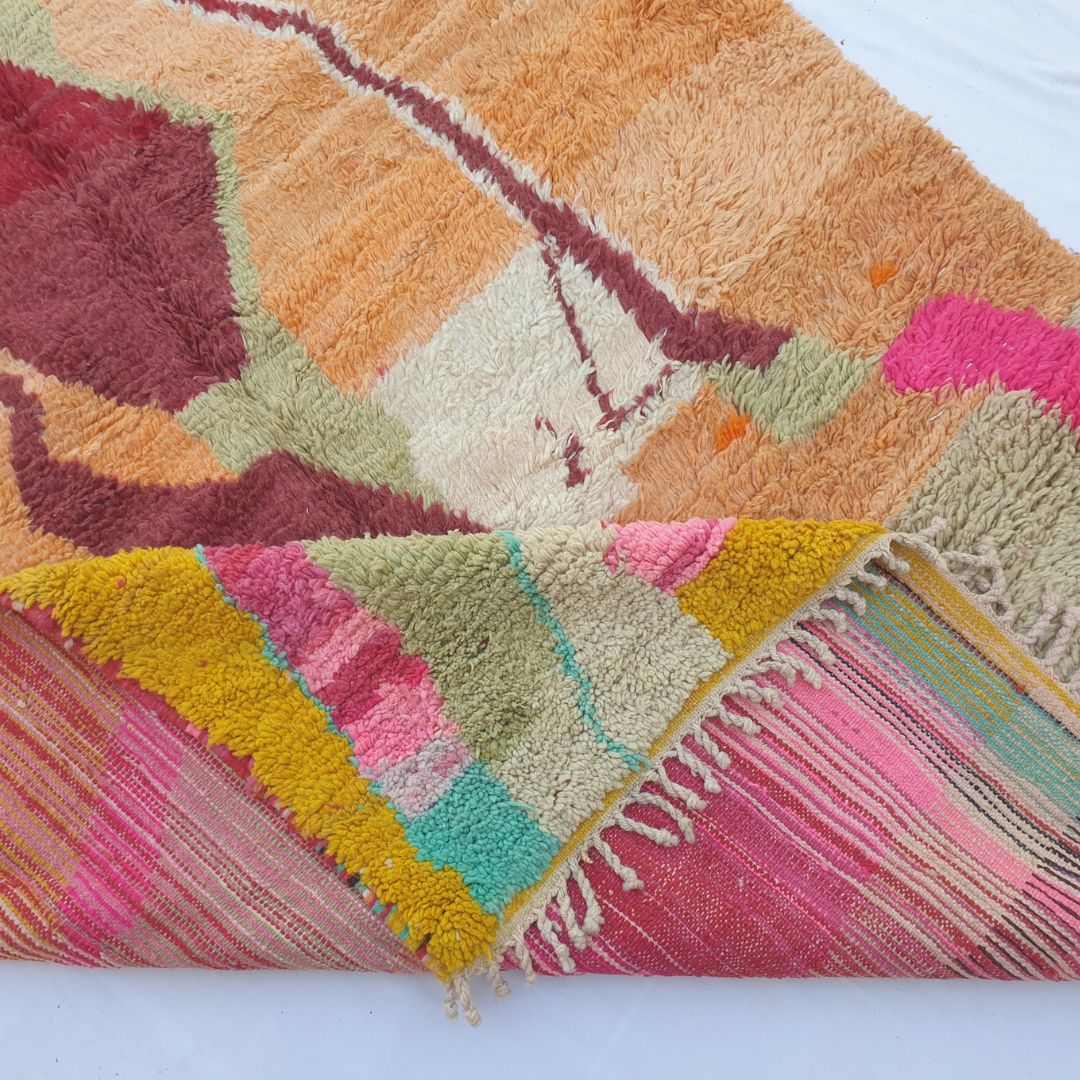 Claha – 6x10 Moroccan Rug – Peach Orange Boujad Berber Handwoven Wool Carpet with Burgundy Abstract Figure & Hot Pink | 6'2"x10' Ft | 189x306 cm - OunizZ