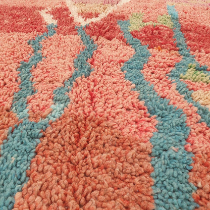 Conha - Turquoise & Coral Moroccan Rug with Wavy Line and Arch Design - Handwoven Berber Carpet | 6'2"x10'2" Ft | 190x310 cm - OunizZ