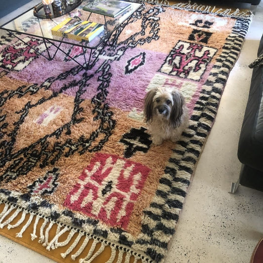 Customized BENI OUARAIN RUG Soft & Thick Pink Orange Living Room Carpet | Moroccan High Pile Area Rug Berber Authentic Wool | 2,6x2 m | Sarhana - OunizZ