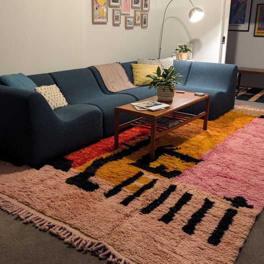 Customized Idouh - Moroccan Rug Pink Orange Beni Ourain | 228x387 cm | Moroccan Colorful Shag Rug | 100% wool handmade - OunizZ