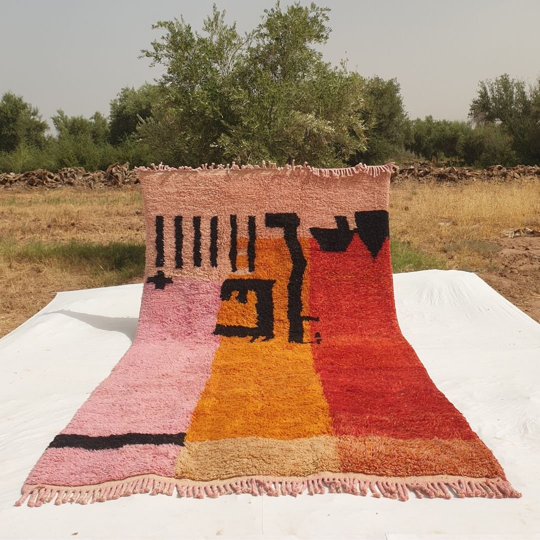 Customized Idouh - Moroccan Rug Pink Orange Beni Ourain | 228x387 cm | Moroccan Colorful Shag Rug | 100% wool handmade - OunizZ