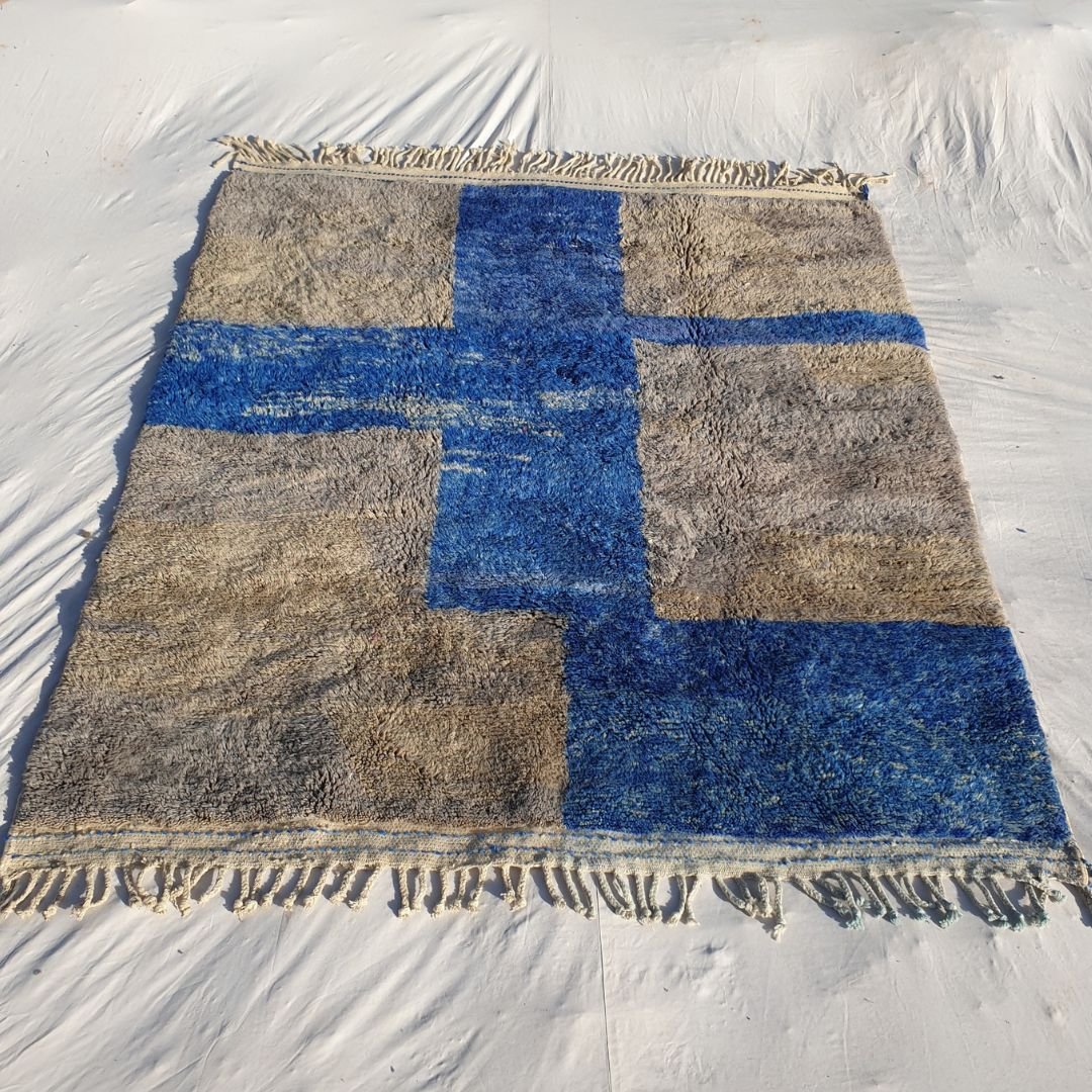 Customized Tinagha | Beni Ourain 7x8 Blue Moroccan Rug Ultra Soft | Handmade Berber Wool Carpet - OunizZ