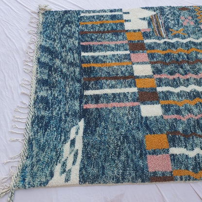 Felata| Vibrant Blue Abstract Beni Ourain Shag Rug 6x10 ft - Handwoven Moroccan Wool Berber Carpet with Pink & Orange Accents | 6'79x10' Ft | 207x306 cm - OunizZ