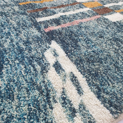 Felata| Vibrant Blue Abstract Beni Ourain Shag Rug 6x10 ft - Handwoven Moroccan Wool Berber Carpet with Pink & Orange Accents | 6'79x10' Ft | 207x306 cm - OunizZ