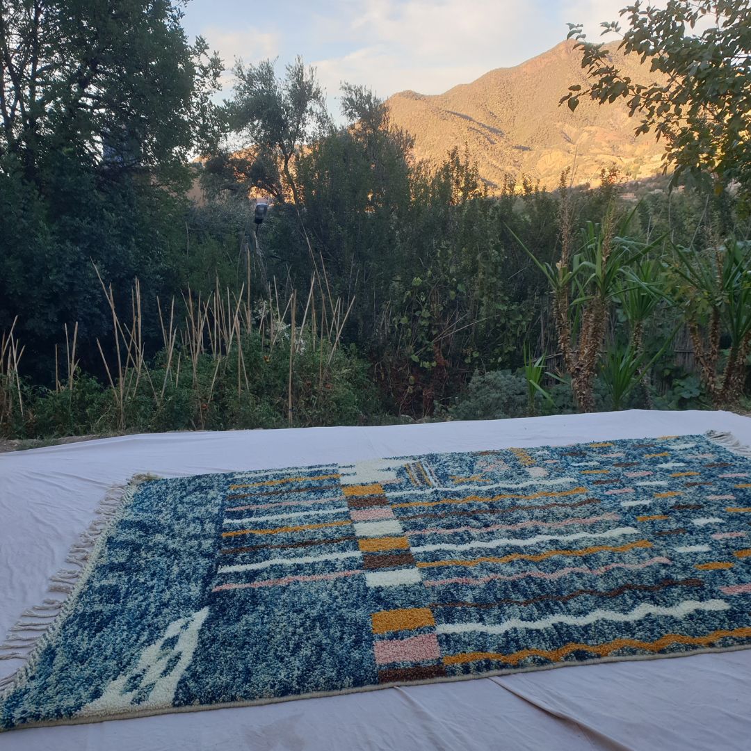 Felata| Vibrant Blue Abstract Beni Ourain Shag Rug 6x10 ft - Handwoven Moroccan Wool Berber Carpet with Pink & Orange Accents | 6'79x10' Ft | 207x306 cm - OunizZ