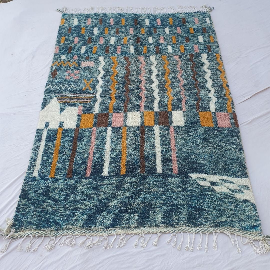 Felata| Vibrant Blue Abstract Beni Ourain Shag Rug 6x10 ft - Handwoven Moroccan Wool Berber Carpet with Pink & Orange Accents | 6'79x10' Ft | 207x306 cm - OunizZ