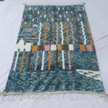 Felata| Vibrant Blue Abstract Beni Ourain Shag Rug 6x10 ft - Handwoven Moroccan Wool Berber Carpet with Pink & Orange Accents | 6'79x10' Ft | 207x306 cm - OunizZ