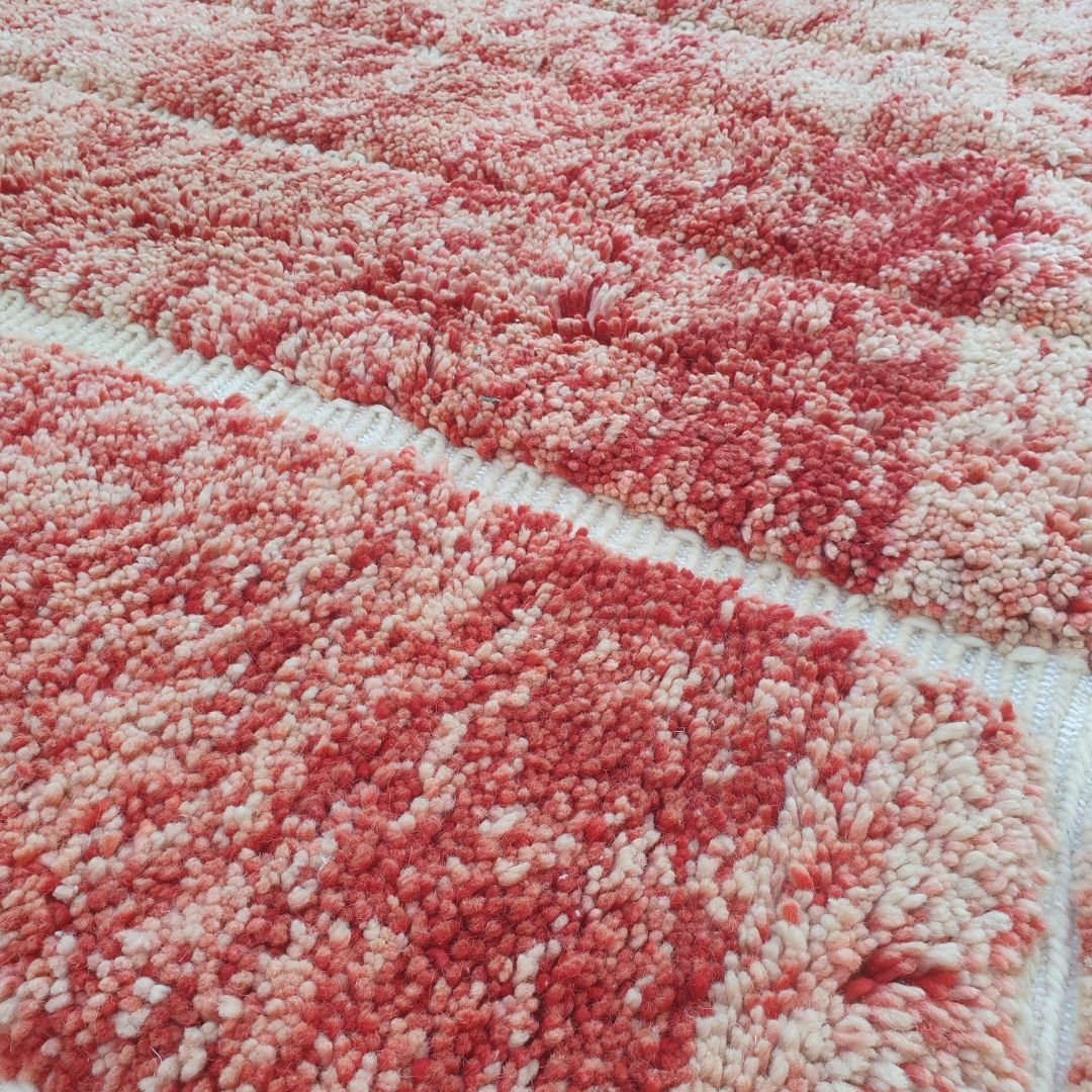 Flagha | Luxury Pastel Red Beni Ourain Shag Rug 7x10 ft - Handwoven Moroccan Wool Berber Carpet for Bedroom | 7'02x10' Ft | 214x304 cm - OunizZ