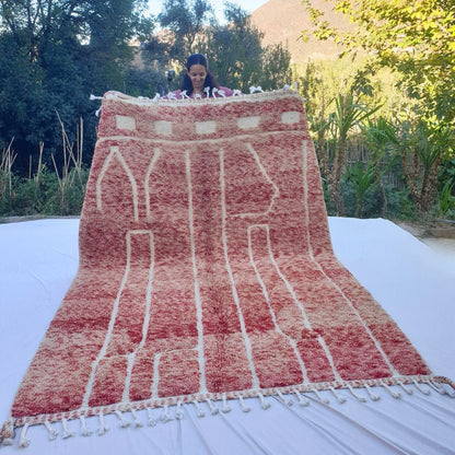 Flagha | Luxury Pastel Red Beni Ourain Shag Rug 7x10 ft - Handwoven Moroccan Wool Berber Carpet for Bedroom | 7'02x10' Ft | 214x304 cm - OunizZ