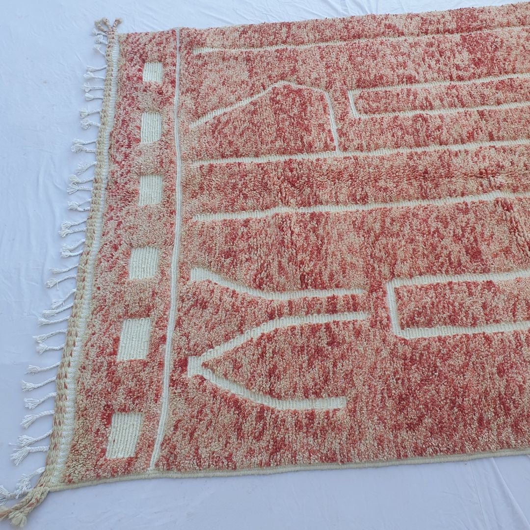 Flagha | Luxury Pastel Red Beni Ourain Shag Rug 7x10 ft - Handwoven Moroccan Wool Berber Carpet for Bedroom | 7'02x10' Ft | 214x304 cm - OunizZ