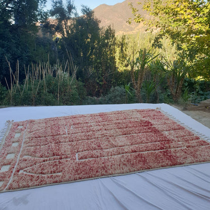 Flagha | Luxury Pastel Red Beni Ourain Shag Rug 7x10 ft - Handwoven Moroccan Wool Berber Carpet for Bedroom | 7'02x10' Ft | 214x304 cm - OunizZ