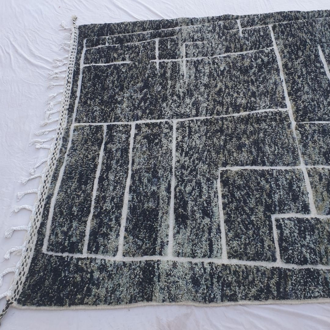 Frakha | Charcoal Black Geometric Beni Ourain Shag Rug 6x9 ft - Handwoven Moroccan Wool Berber Carpet for Modern Living Room | 6'66x9'74 Ft | 203x297 cm - OunizZ