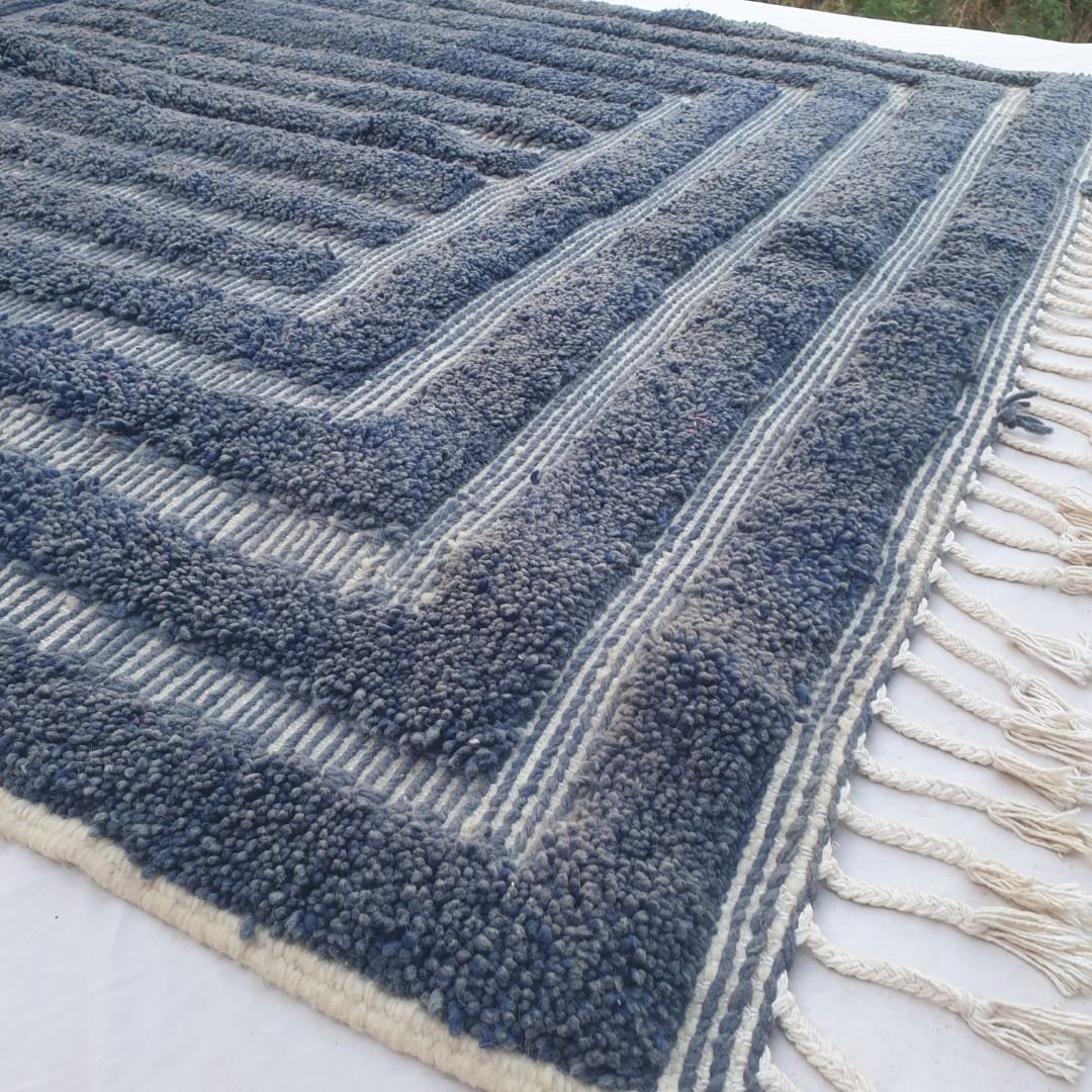 Gharza | Deep Blue Striped Beni Ourain Shag Rug 6x9 ft - Handwoven Moroccan Wool Berber Carpet for Modern Coastal Living | 6'73x9'84 Ft | 205x300 cm - OunizZ