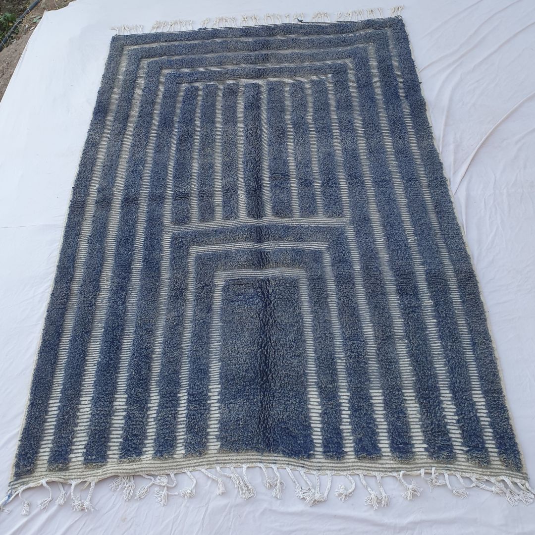 Gharza | Deep Blue Striped Beni Ourain Shag Rug 6x9 ft - Handwoven Moroccan Wool Berber Carpet for Modern Coastal Living | 6'73x9'84 Ft | 205x300 cm - OunizZ