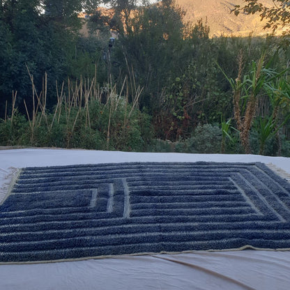 Gharza | Deep Blue Striped Beni Ourain Shag Rug 6x9 ft - Handwoven Moroccan Wool Berber Carpet for Modern Coastal Living | 6'73x9'84 Ft | 205x300 cm - OunizZ