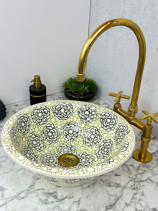 Granada - Handmade Moroccan Round Ceramic Sink – Green Floral Top Counter Vessel Sink - (ETMMT) - OunizZ