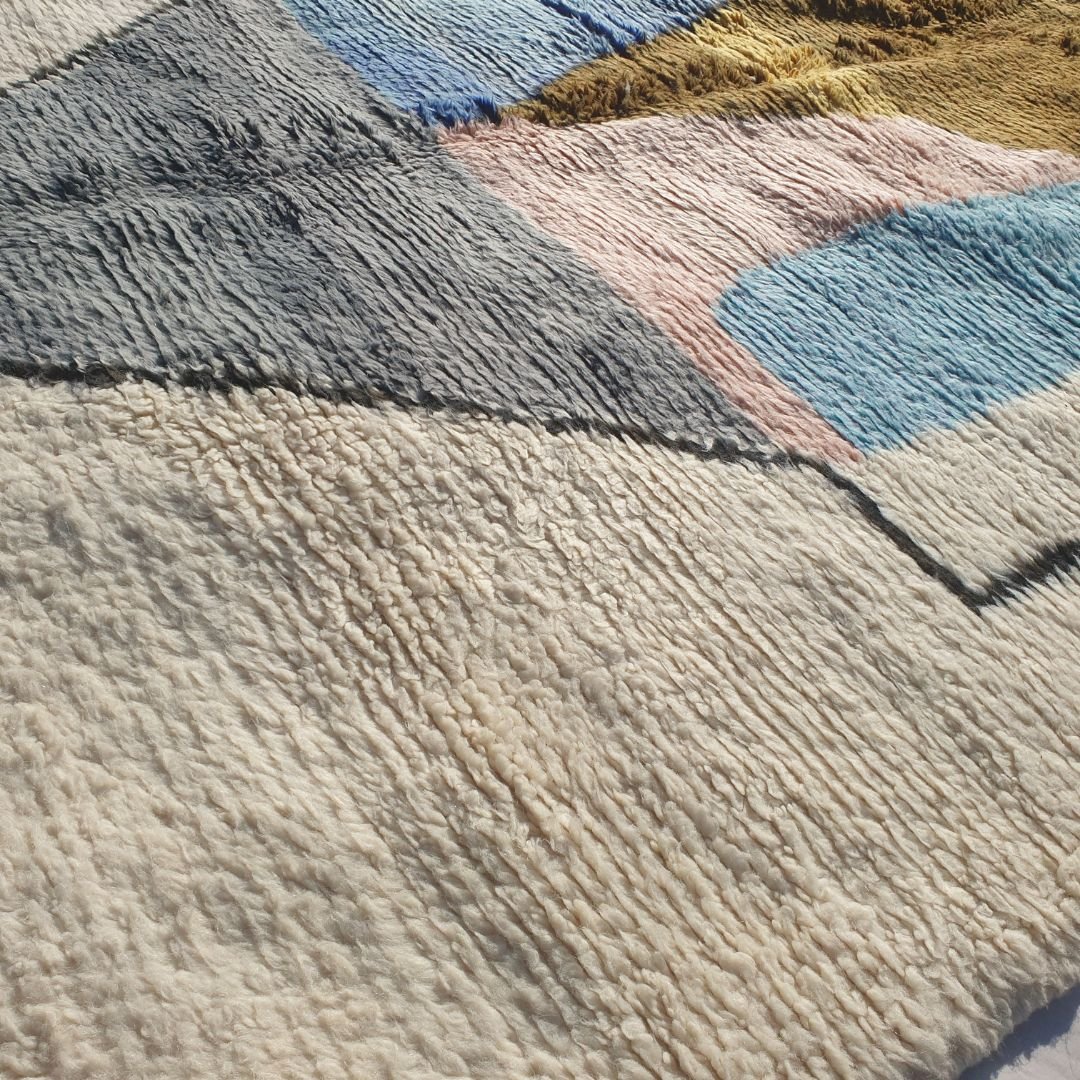 Griwa | Abstract 6x9 Colorful Beni Ourain Rug - Plush Berber Wool Shag Carpet | 6'66x9'51 Ft | 203x290 cm - OunizZ