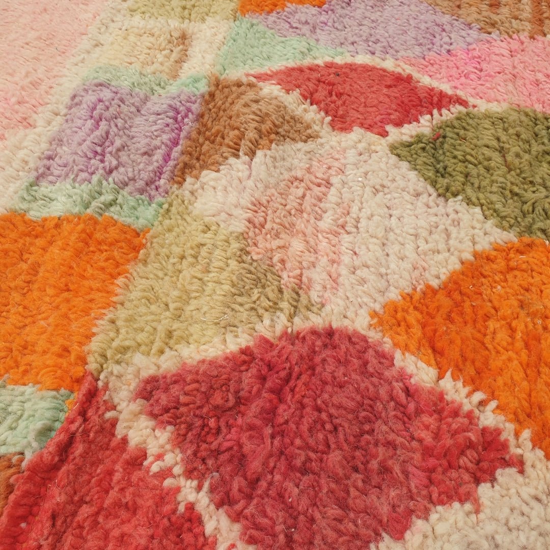 Hadita - Rose Pink Moroccan Rug with Bright Rainbow Harlequin Border - Handwoven Berber Carpet | 6'6"x9'11" Ft | 200x303 cm - OunizZ