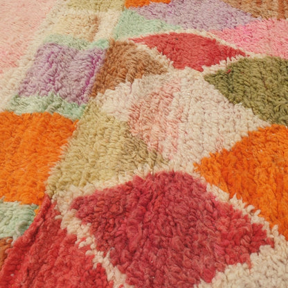 Hadita - Rose Pink Moroccan Rug with Bright Rainbow Harlequin Border - Handwoven Berber Carpet | 6'6"x9'11" Ft | 200x303 cm - OunizZ