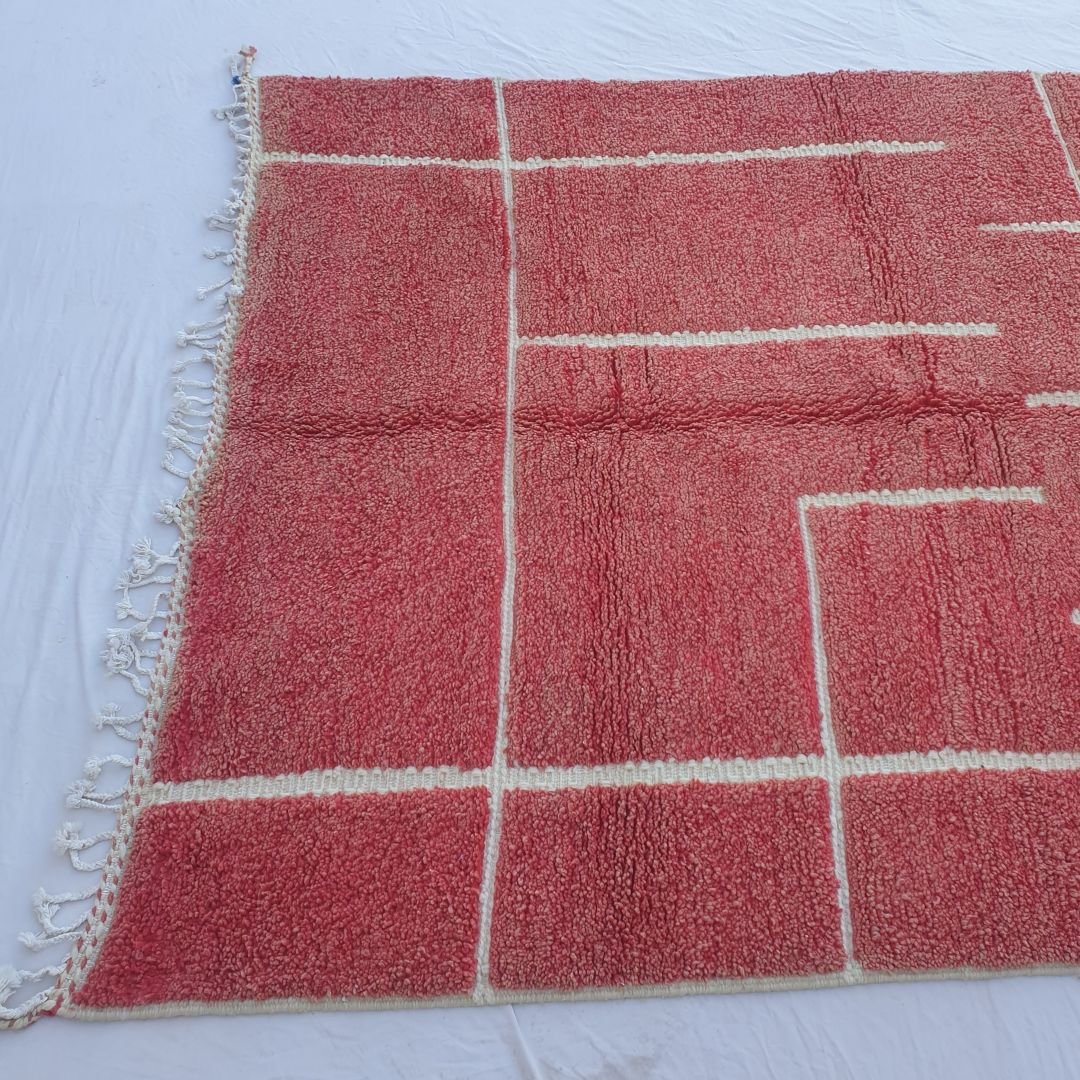 Hadrra | Bold Red Beni Ourain Geometric Shag Rug 6x9 ft - Handwoven Moroccan Wool Berber Carpet for Living Room | 6'33x9'55 Ft | 193x291 cm - OunizZ