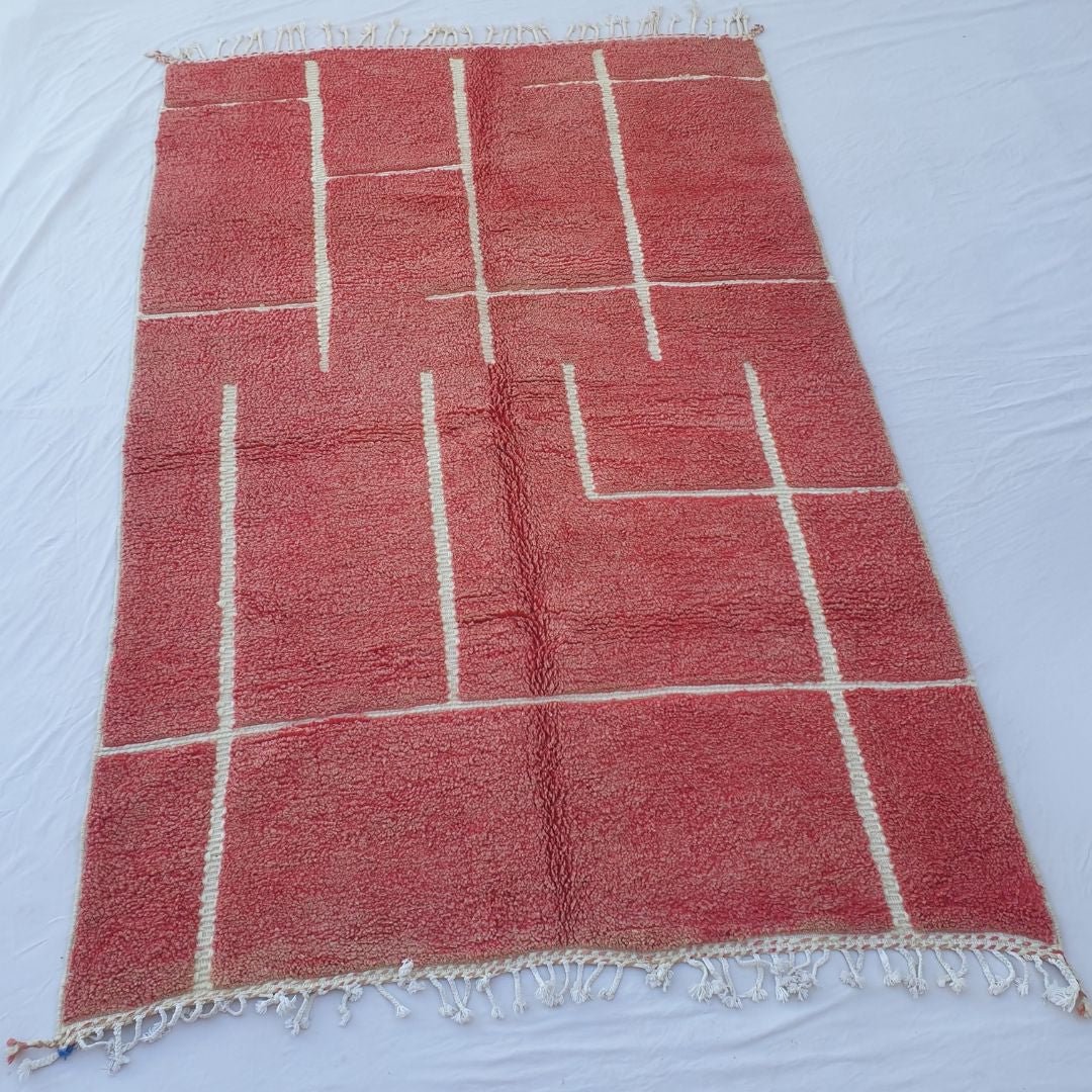 Hadrra | Bold Red Beni Ourain Geometric Shag Rug 6x9 ft - Handwoven Moroccan Wool Berber Carpet for Living Room | 6'33x9'55 Ft | 193x291 cm - OunizZ