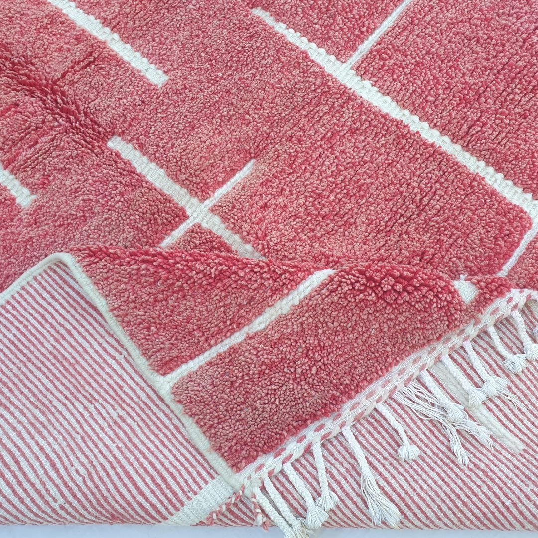 Hadrra | Bold Red Beni Ourain Geometric Shag Rug 6x9 ft - Handwoven Moroccan Wool Berber Carpet for Living Room | 6'33x9'55 Ft | 193x291 cm - OunizZ