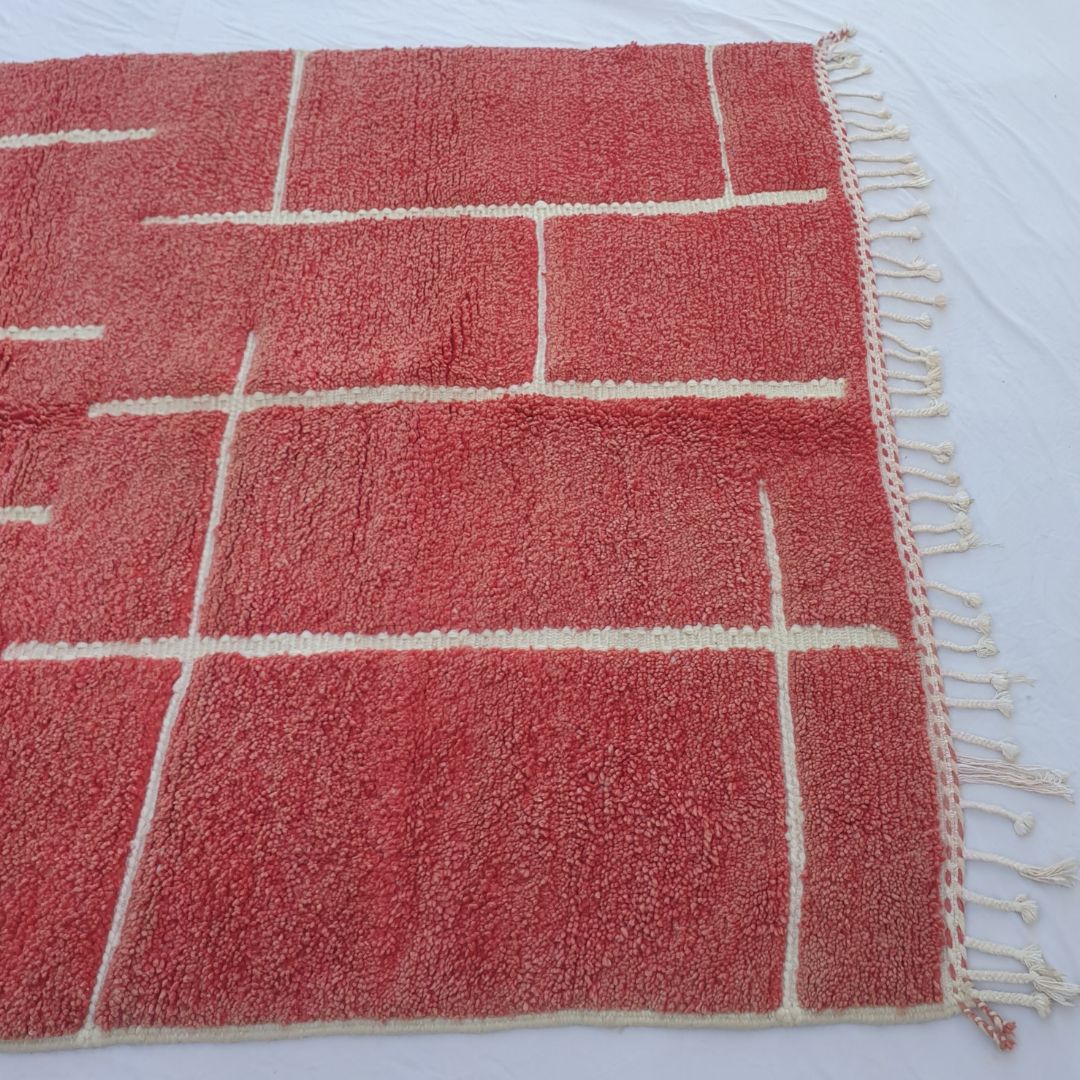 Hadrra | Bold Red Beni Ourain Geometric Shag Rug 6x9 ft - Handwoven Moroccan Wool Berber Carpet for Living Room | 6'33x9'55 Ft | 193x291 cm - OunizZ